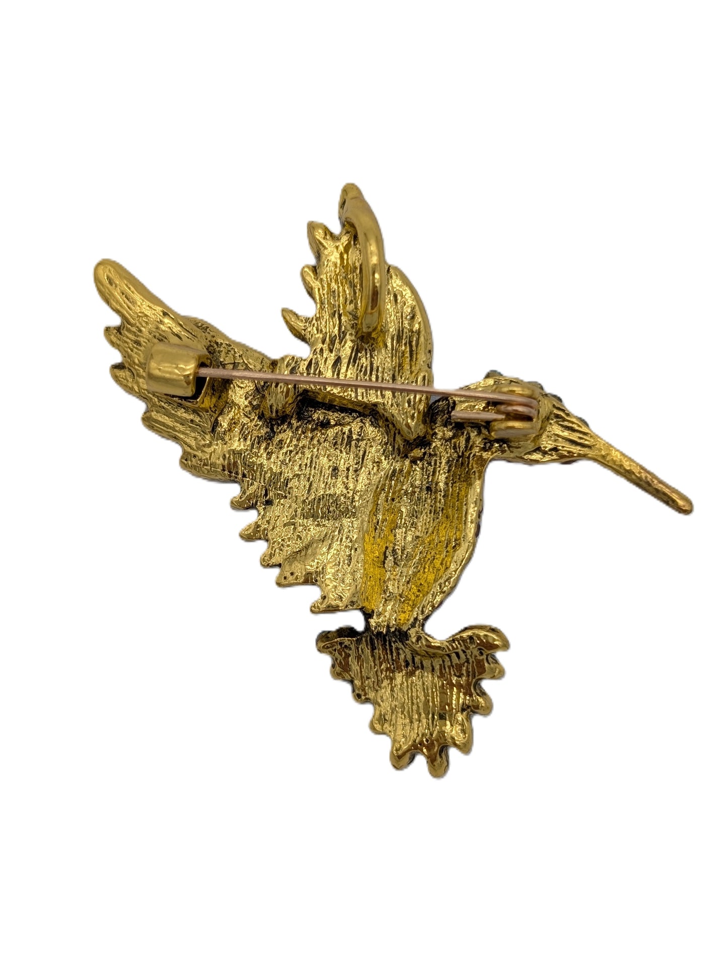 Jeweled Hummingbird Brooch Pin | Gold Tone with Pink & Blue Multi-Color Crystals