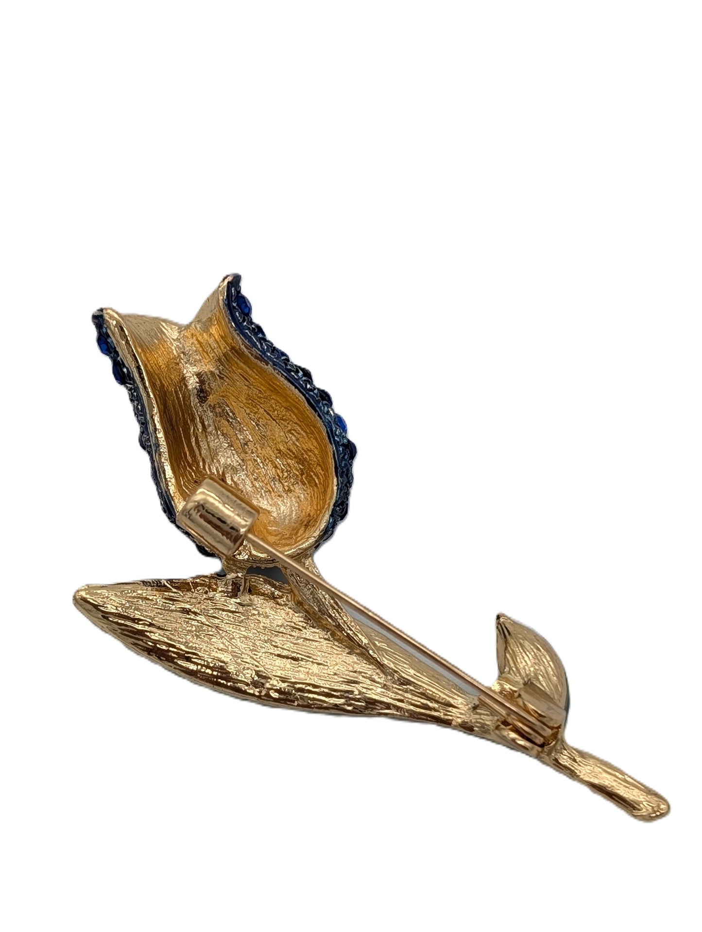 Blue Crystal Rose Brooch | Gold Tone Green Leaf Pin