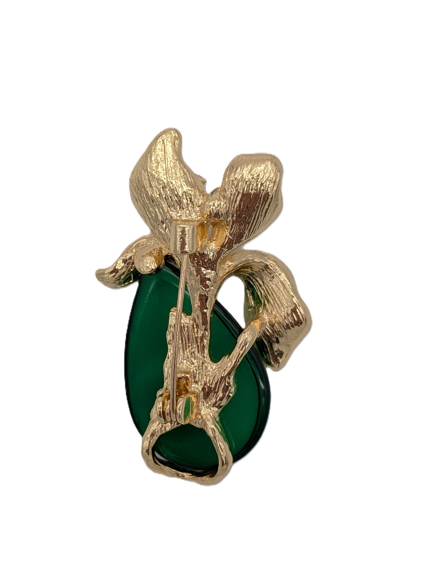 Emerald Crystal Bud Brooch | Golden Tone Leafs & Clear Crystals Pin