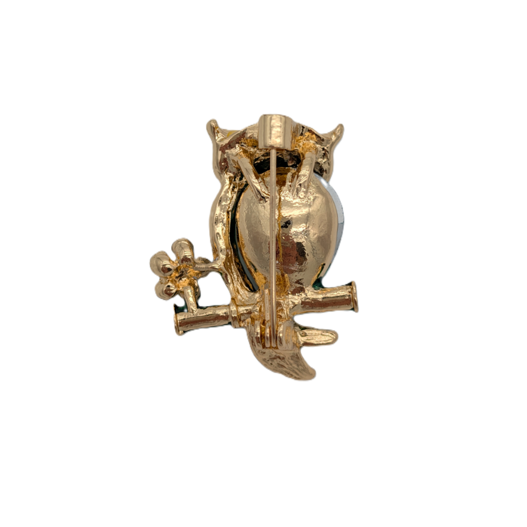Green Gemstone Owl Brooch Pin | Gold Tone with Emerald Crystal & Clear Rhinestones