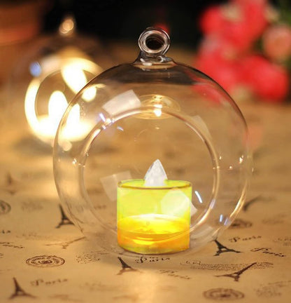 Clear Hanging Glass Sphere Ornament | Terrarium Candle Holder with LED Candle