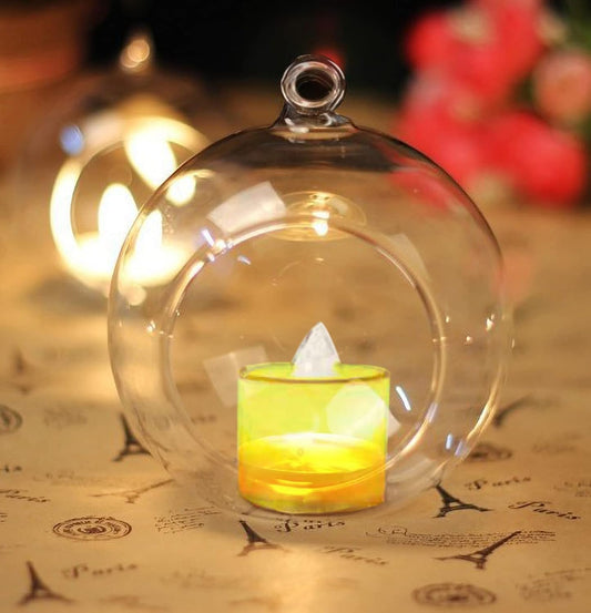 Clear Hanging Glass Sphere Ornament | Terrarium Candle Holder with LED Candle