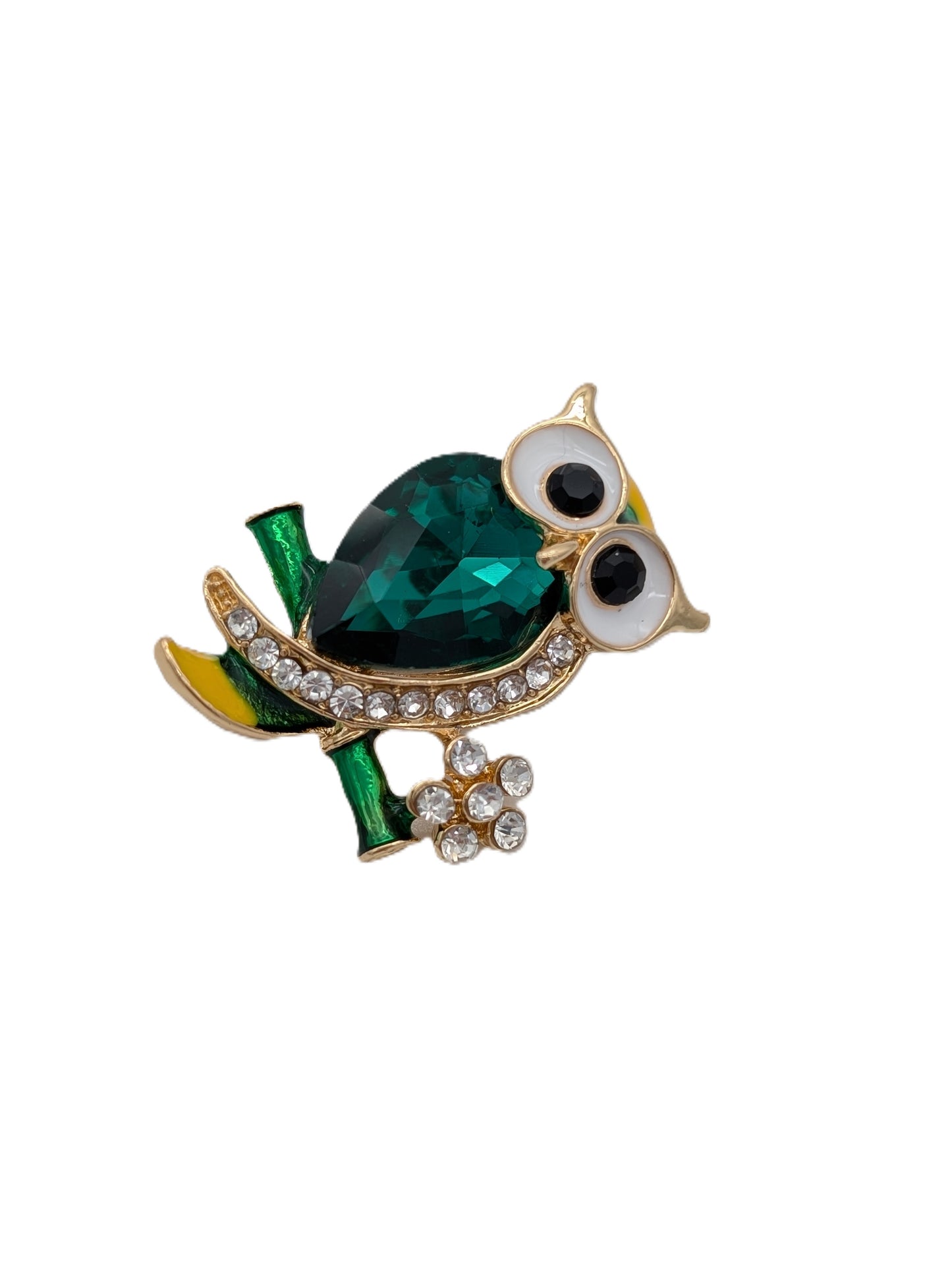 Green Gemstone Owl Brooch Pin | Gold Tone with Emerald Crystal & Clear Rhinestones