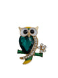 Green Gemstone Owl Brooch Pin | Gold Tone with Emerald Crystal & Clear Rhinestones
