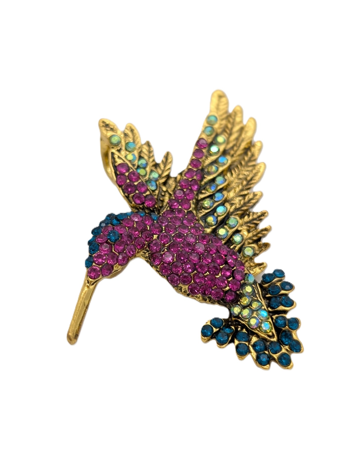 Jeweled Hummingbird Brooch Pin | Gold Tone with Pink & Blue Multi-Color Crystals
