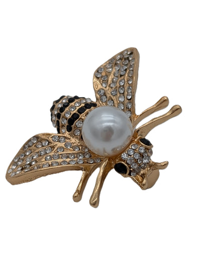 Pearl & Crystal Bee Brooch Pin | Gold Tone with Black & Clear Rhinestones