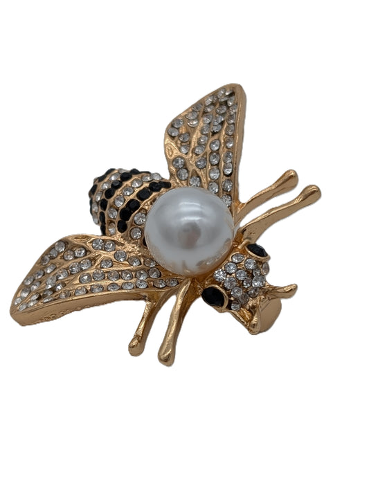 Pearl & Crystal Bee Brooch Pin | Gold Tone with Black & Clear Rhinestones