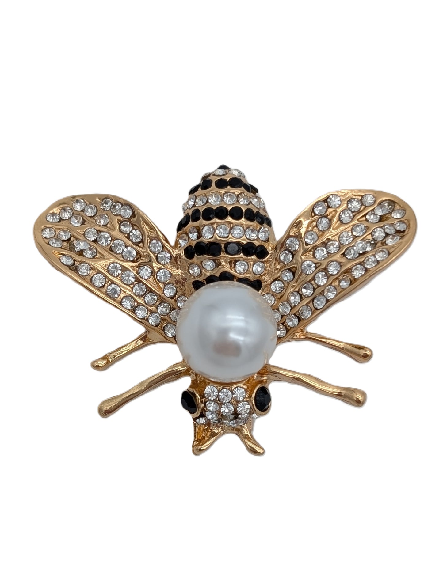 Pearl & Crystal Bee Brooch Pin | Gold Tone with Black & Clear Rhinestones