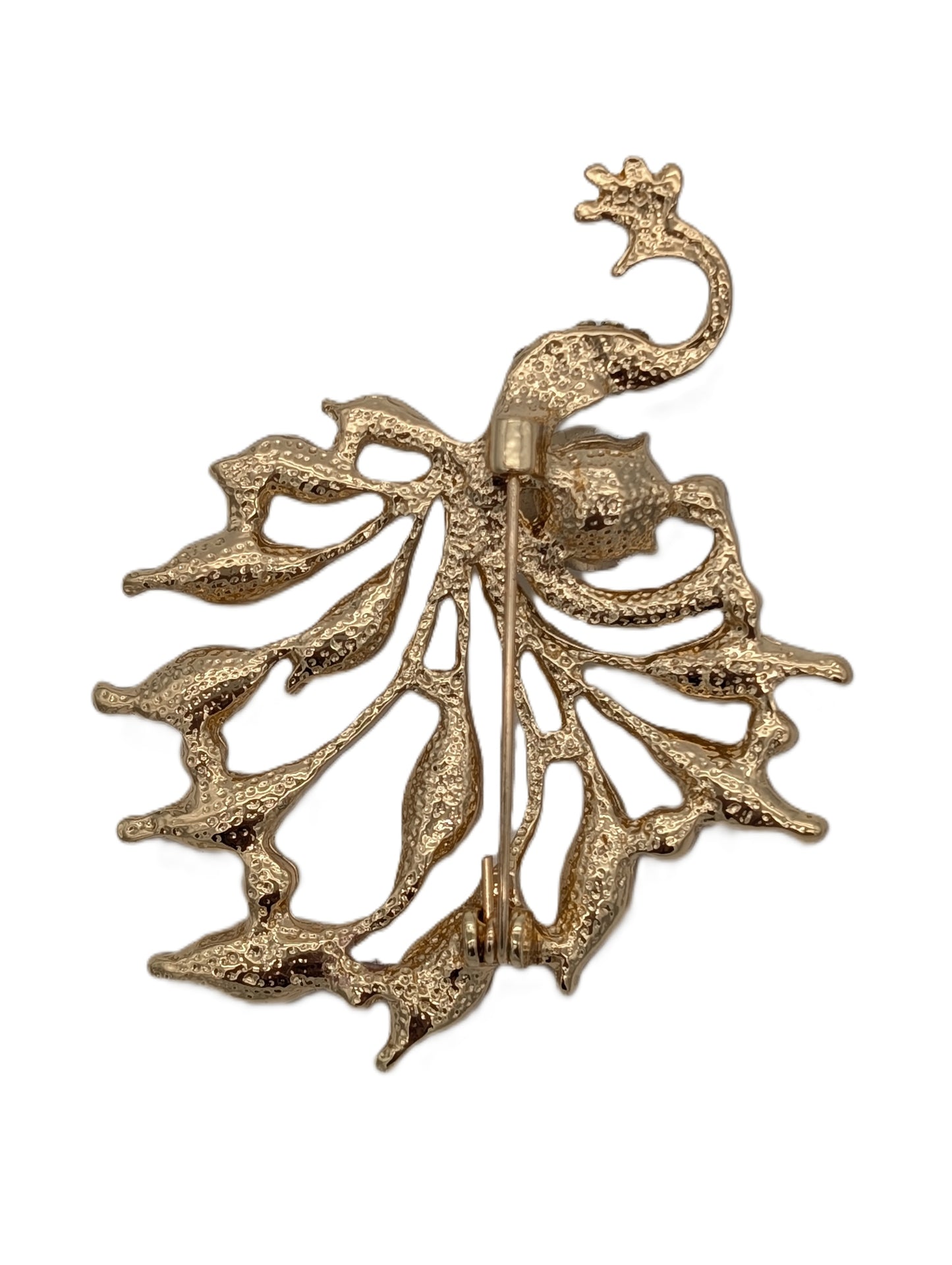 Rainbow Peacock Brooch Pin with Multi-Color Crystals | Gold Tone Statement Bird Jewelry