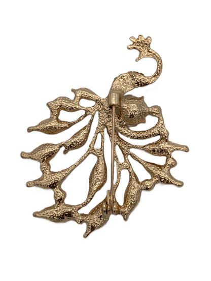 Rainbow Peacock Brooch Pin with Multi-Color Crystals | Gold Tone Statement Bird Jewelry