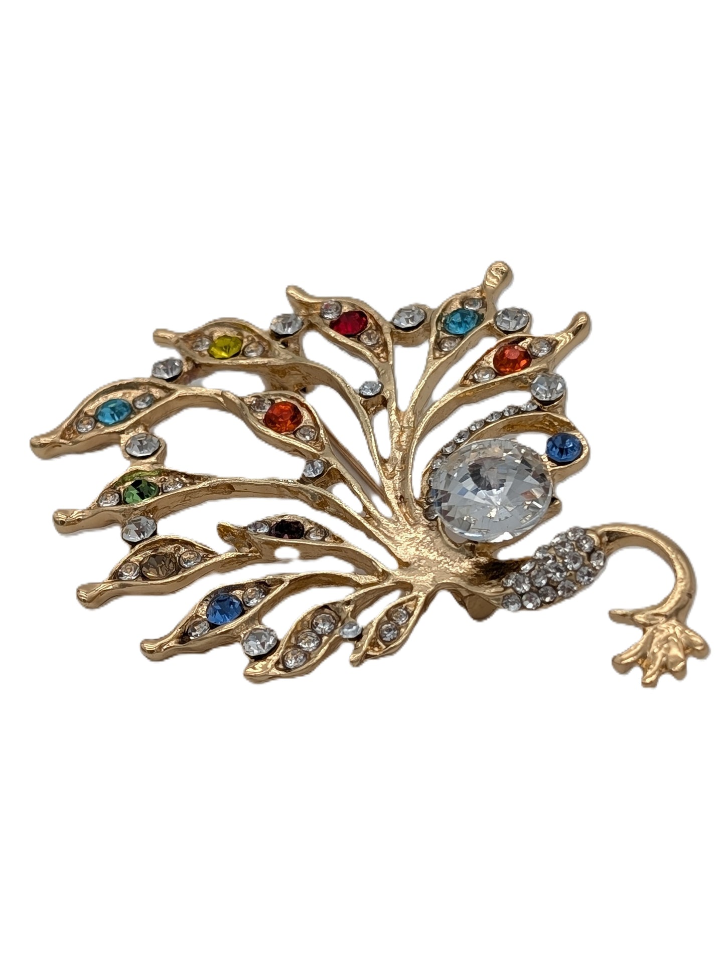 Rainbow Peacock Brooch Pin with Multi-Color Crystals | Gold Tone Statement Bird Jewelry