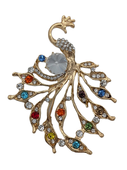 Rainbow Peacock Brooch Pin with Multi-Color Crystals | Gold Tone Statement Bird Jewelry