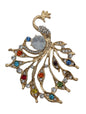 Rainbow Peacock Brooch Pin with Multi-Color Crystals | Gold Tone Statement Bird Jewelry