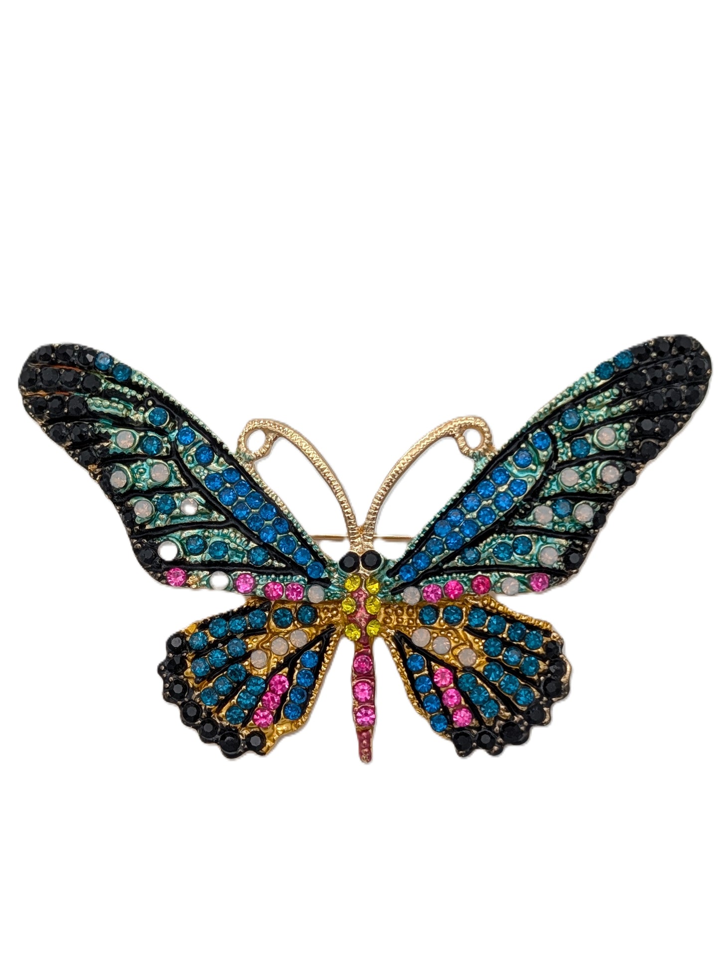 Rainbow Butterfly Brooch Pin with Multi-Color Crystals | Gold Tone Statement Jewelry