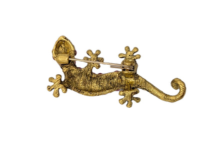 Pink & Green Crystal Gecko Brooch Pin | Antique Gold Tone Lizard Statement Jewelry