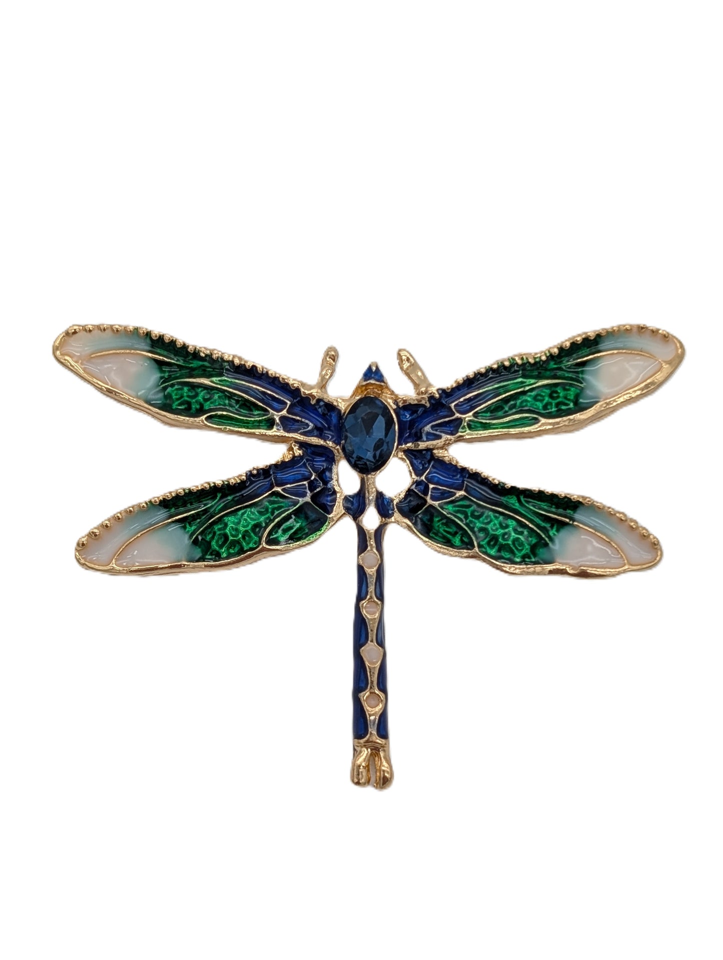 Jewel Tone Dragonfly Brooch Pin | Gold Tone with Green & Blue Enamel Insect Jewelry