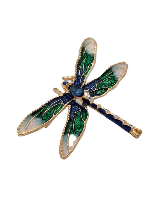 Jewel Tone Dragonfly Brooch Pin | Gold Tone with Green & Blue Enamel Insect Jewelry