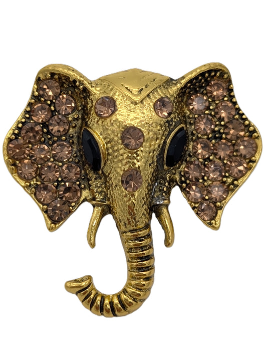 Antique Gold Elephant Head Brooch with Brown Crystals | Statement Safari Jewelry