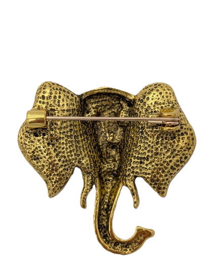 Antique Gold Elephant Head Brooch with Brown Crystals | Statement Safari Jewelry