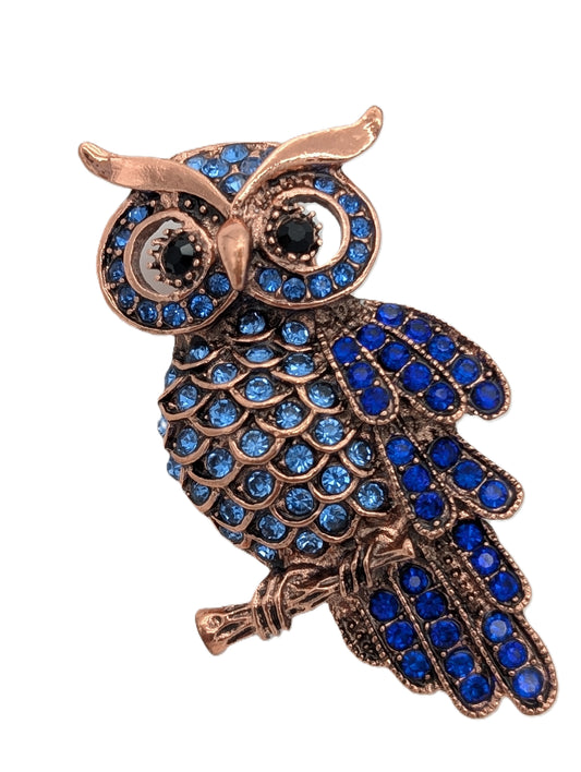 Vintage Owl Brooch Pin with Blue Crystals | Antique Copper Tone Jewelry Accessory