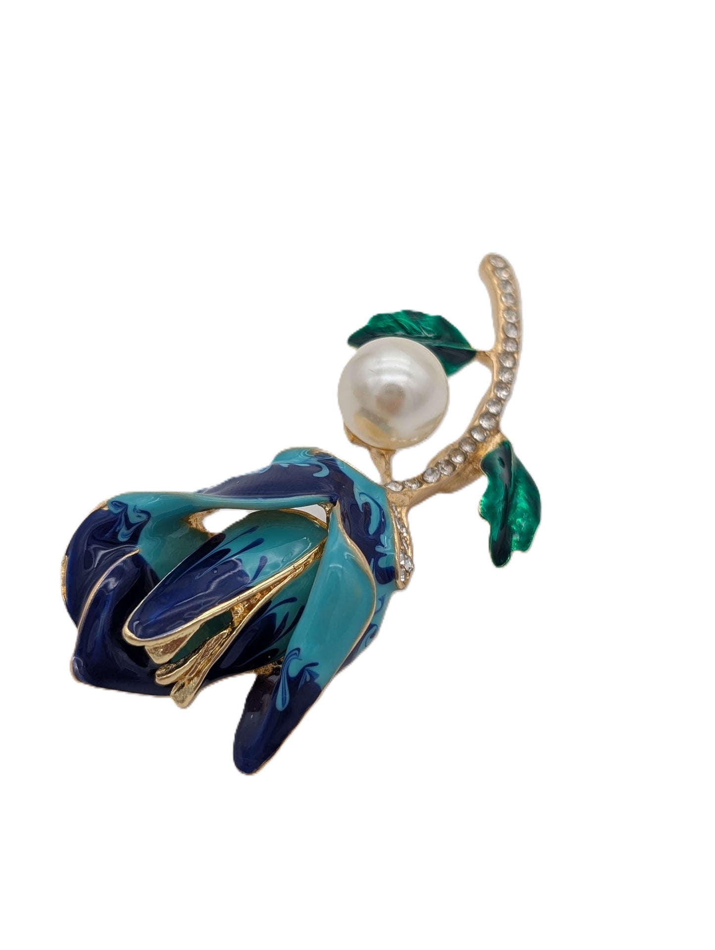 Blue Rose Pearl Brooch | Gold Tone Enamel & Crystal Flower Pin