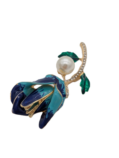 Blue Rose Pearl Brooch | Gold Tone Enamel & Crystal Flower Pin