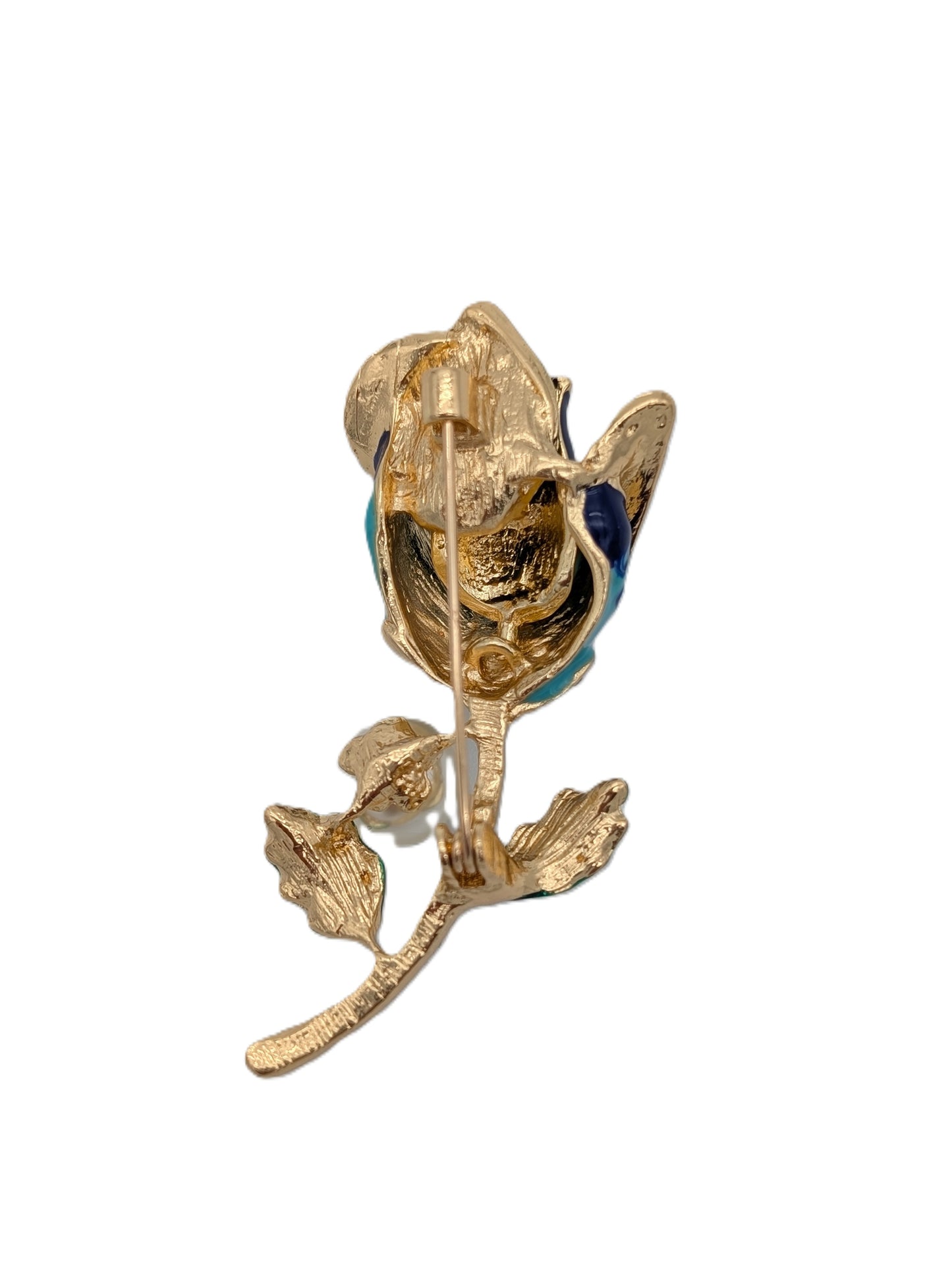 Blue Rose Pearl Brooch | Gold Tone Enamel & Crystal Flower Pin
