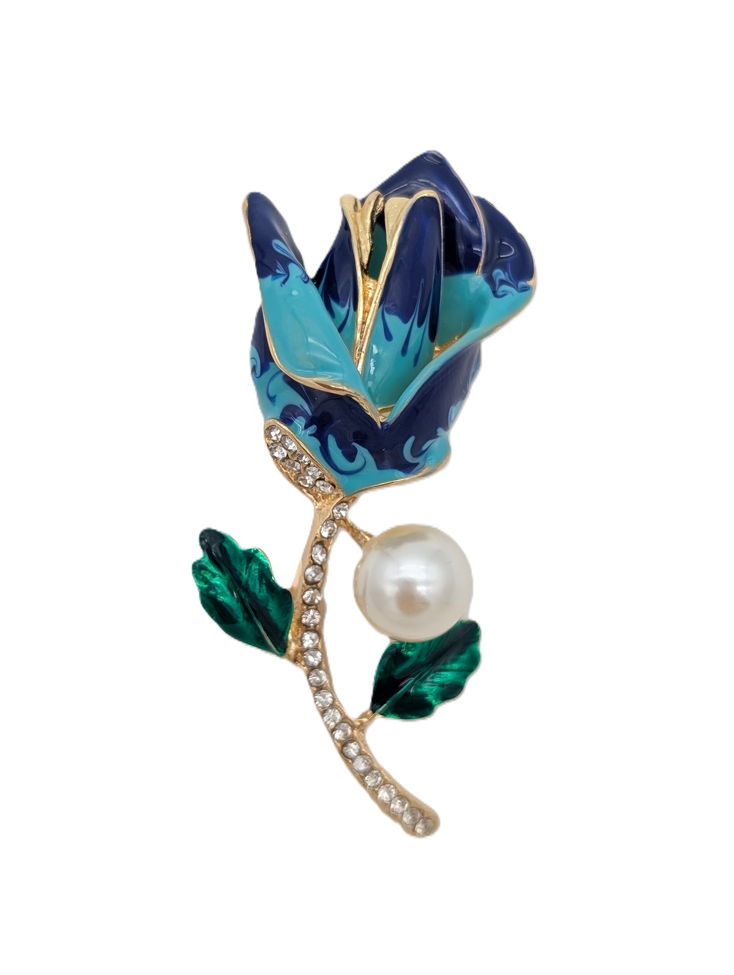 Blue Rose Pearl Brooch | Gold Tone Enamel & Crystal Flower Pin