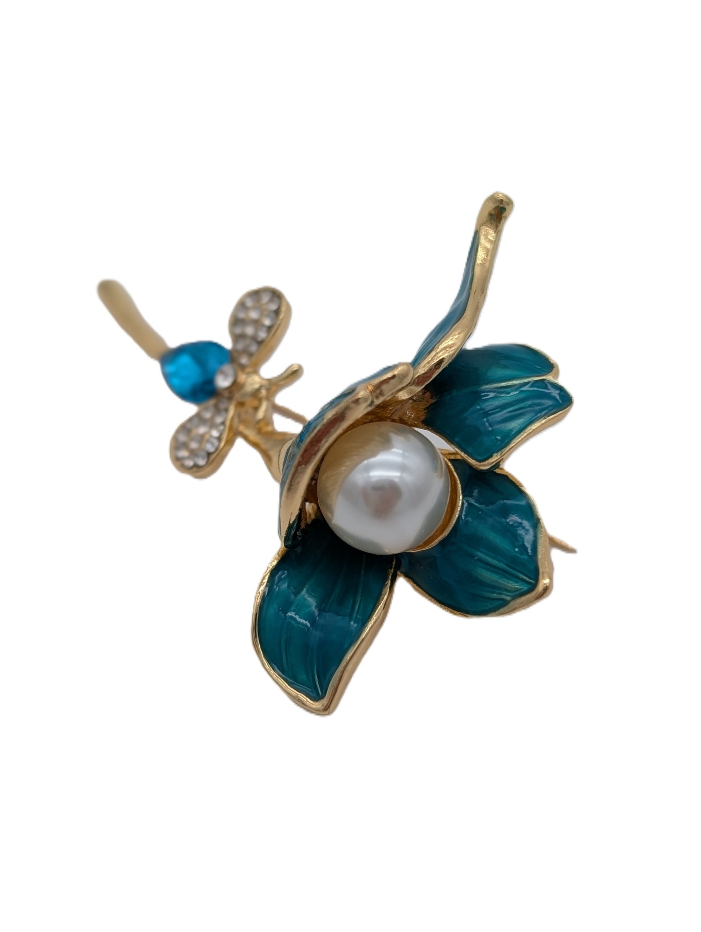 Blue Enamel Flower Brooch with Pearl & Mini Crystal Butterfly Pin