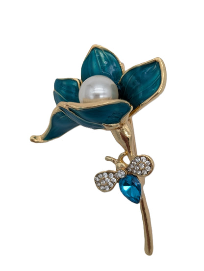 Blue Enamel Flower Brooch with Pearl & Mini Crystal Butterfly Pin