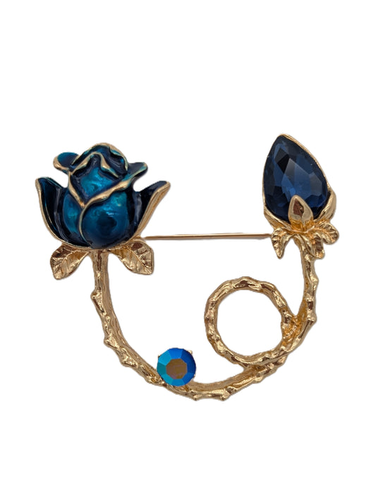 Blue Enamel Rose & Crystal Bud Brooch | Looping Stem Pin