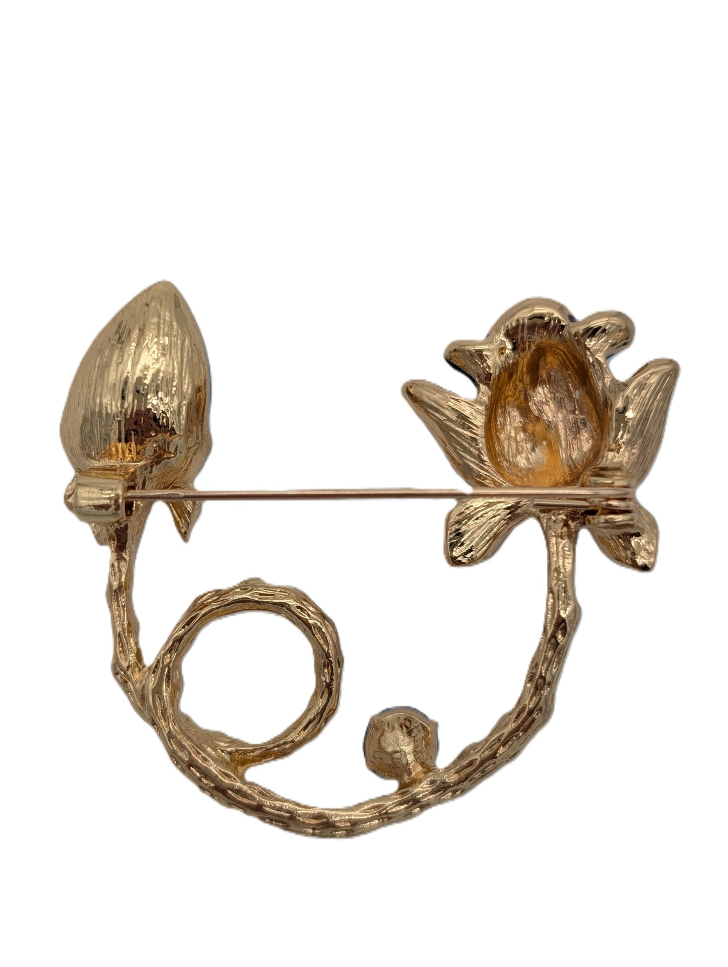 Blue Enamel Rose & Crystal Bud Brooch | Looping Stem Pin