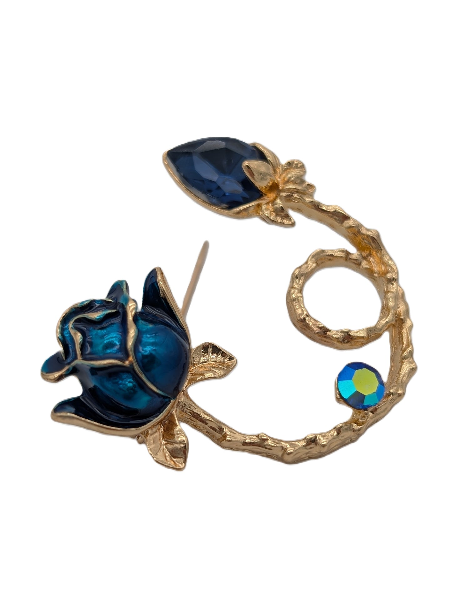 Blue Enamel Rose & Crystal Bud Brooch | Looping Stem Pin