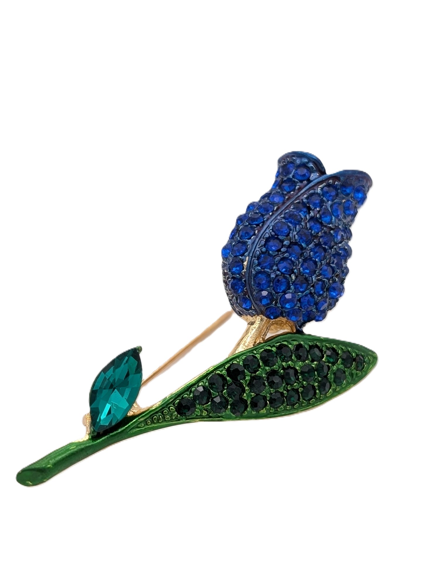 Blue Crystal Rose Brooch | Gold Tone Green Leaf Pin