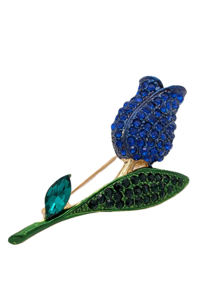 Blue Crystal Rose Brooch | Gold Tone Green Leaf Pin