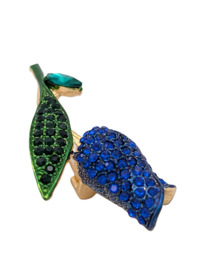 Blue Crystal Rose Brooch | Gold Tone Green Leaf Pin