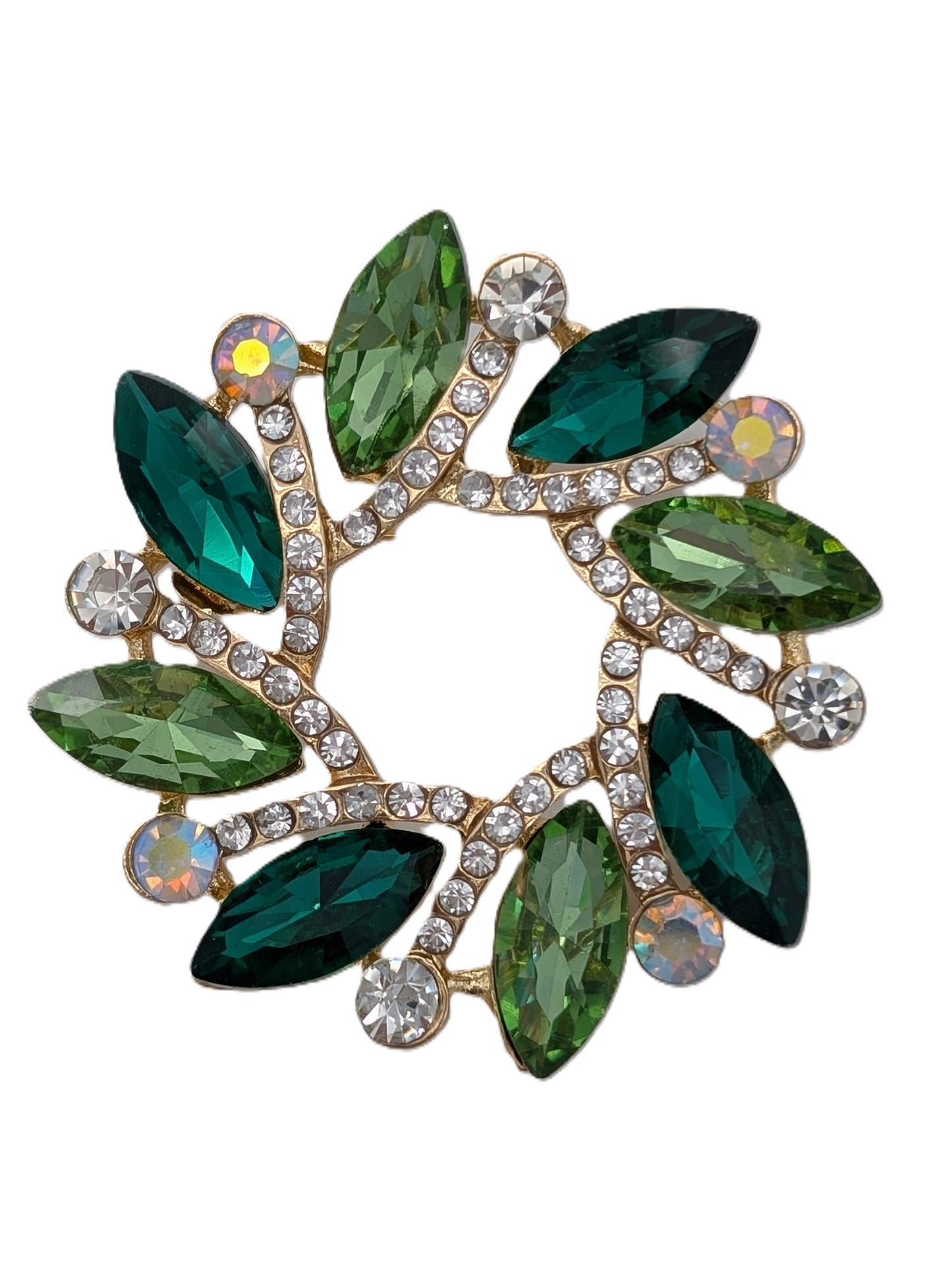 Emerald & Green Crystal Flower Brooch | Gold Tone Medallion Pin