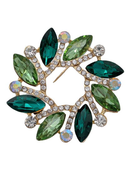 Emerald & Green Crystal Flower Brooch | Gold Tone Medallion Pin