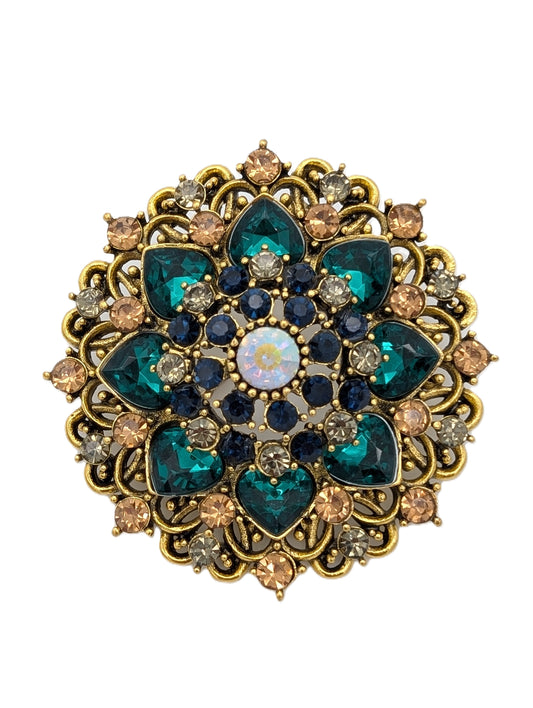Vintage Style Medallion Brooch | Rainbow & Multi-Color Crystal Pin