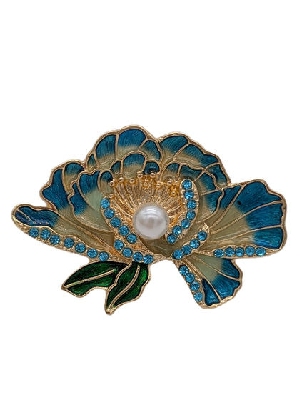Pearl Flower Brooch | Blue Enamel & Crystal Gold Tone Pin