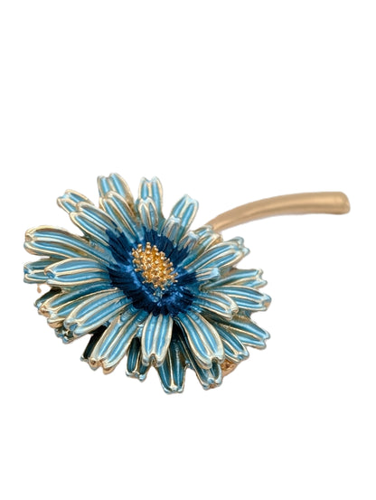 Blue Enamel Cornflower Brooch | Glossy Gold Tone Floral Pin