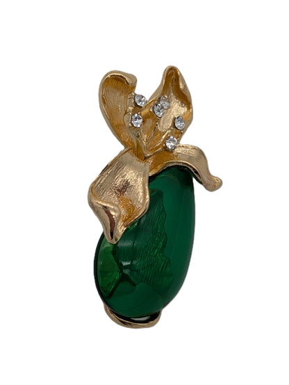 Emerald Crystal Bud Brooch | Golden Tone Leafs & Clear Crystals Pin