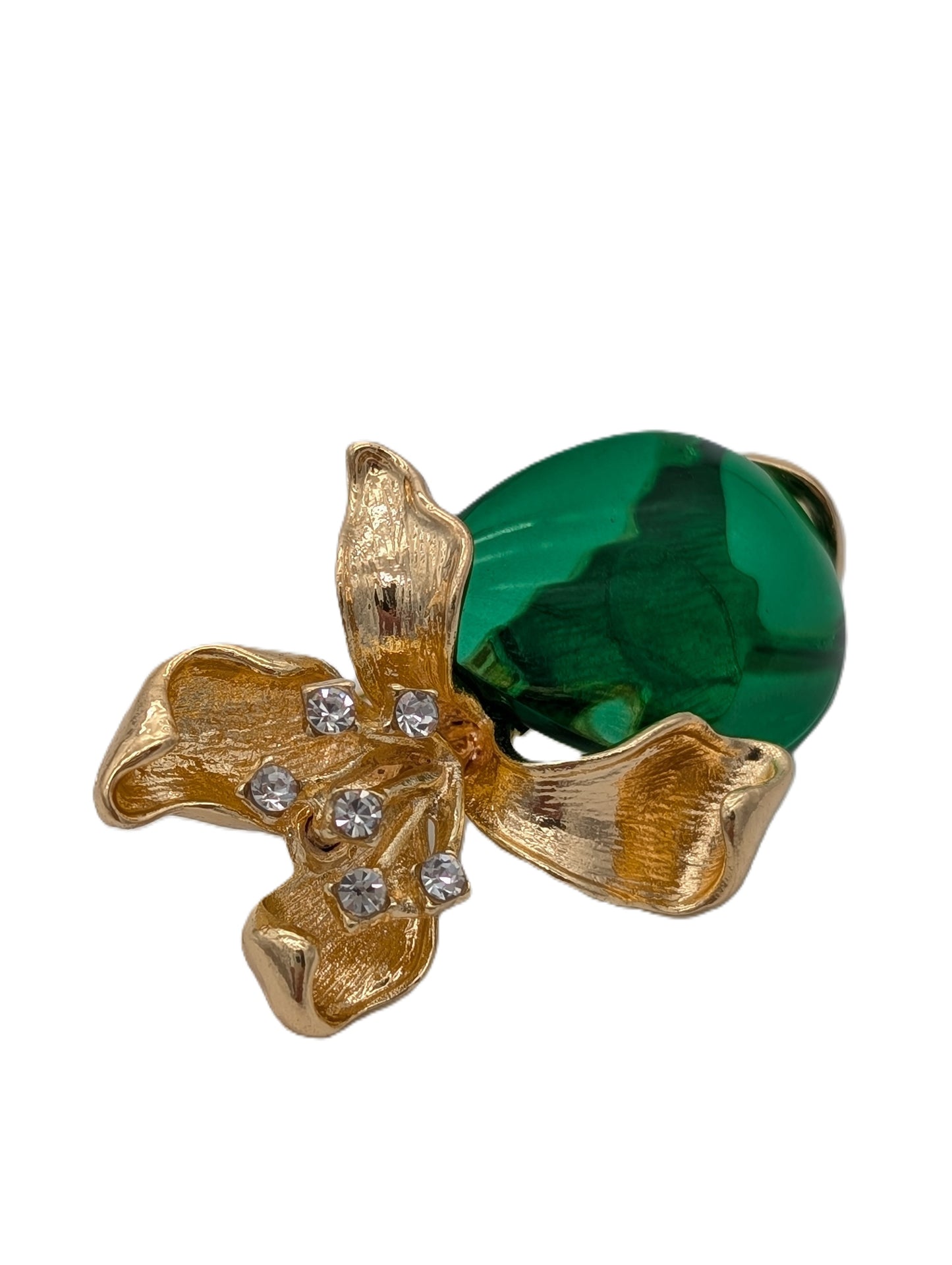 Emerald Crystal Bud Brooch | Golden Tone Leafs & Clear Crystals Pin