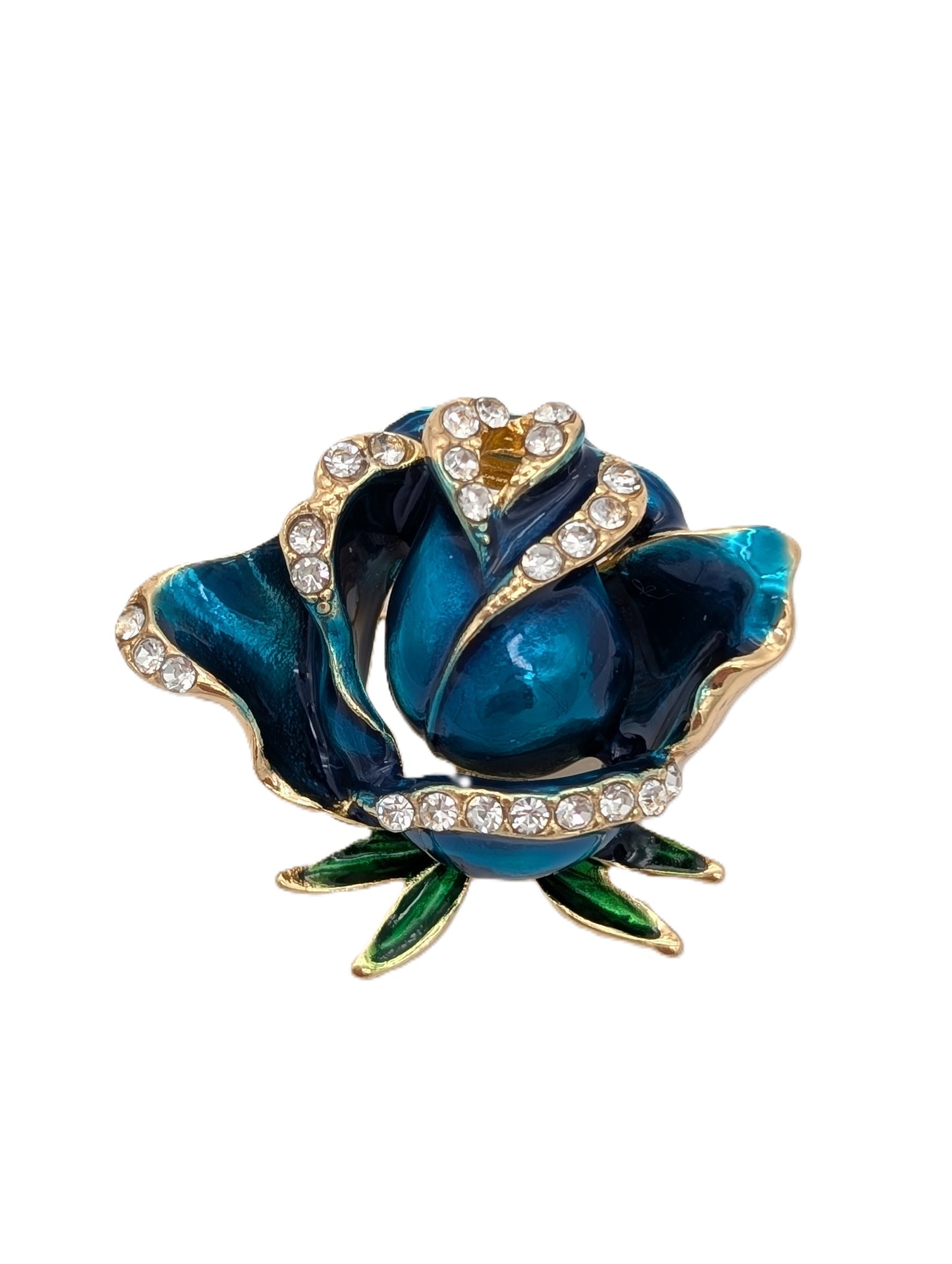 Blue Enamel Rose Brooch | Crystal Tips & Gold Tone Pin