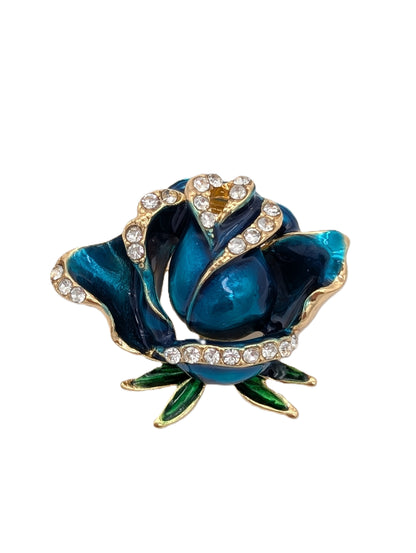 Blue Enamel Rose Brooch | Crystal Tips & Gold Tone Pin