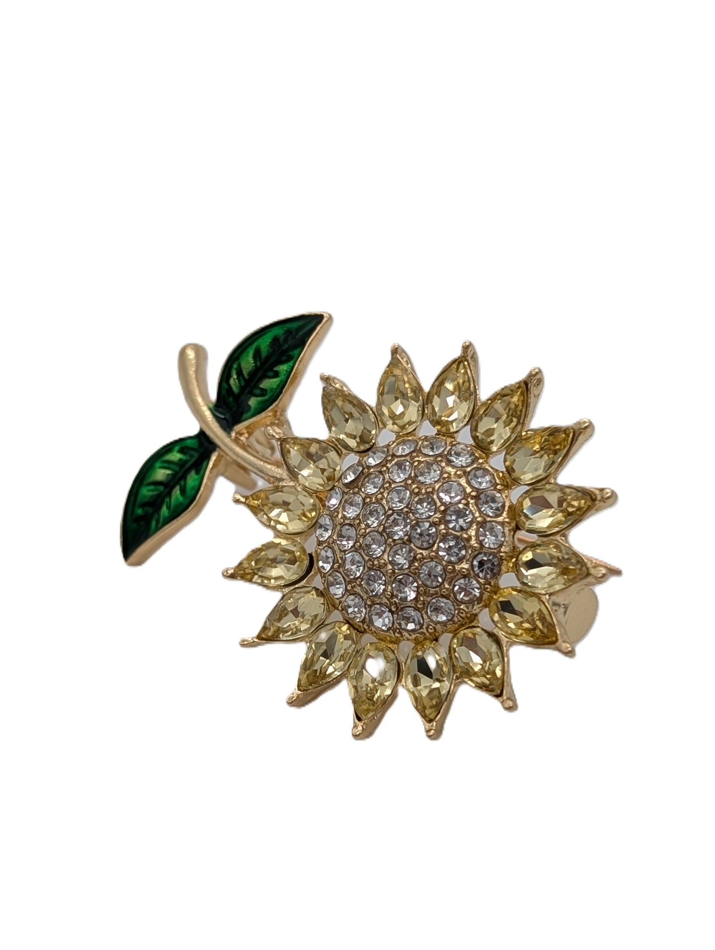 Yellow Crystal Sunflower Brooch | Gold Tone & Green Enamel Pin