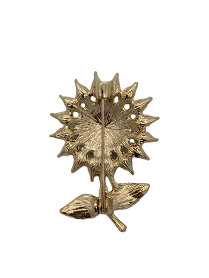 Yellow Crystal Sunflower Brooch | Gold Tone & Green Enamel Pin