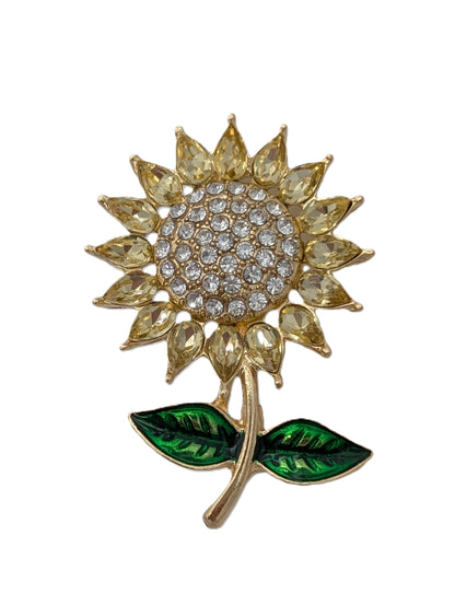 Yellow Crystal Sunflower Brooch | Gold Tone & Green Enamel Pin