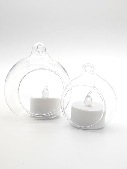 Clear Hanging Glass Sphere Ornament | Terrarium Candle Holder with LED Candle