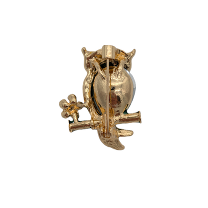 Green Gemstone Owl Brooch Pin | Gold Tone with Emerald Crystal & Clear Rhinestones